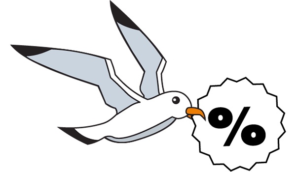Illustration einer Möwe, die ein Prozentzeichen im Schnabel hat.