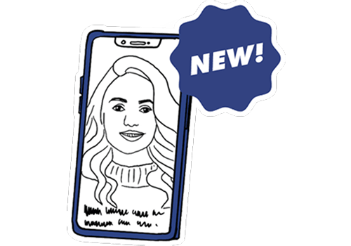Illustration eines Smartphones, das eine lächelnde Frau auf dem Bildschirm zeigt.