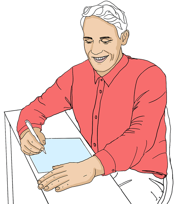 Ein Mann, der an einem Tisch sitzt und etwas auf ein Blatt Papier schreibt.