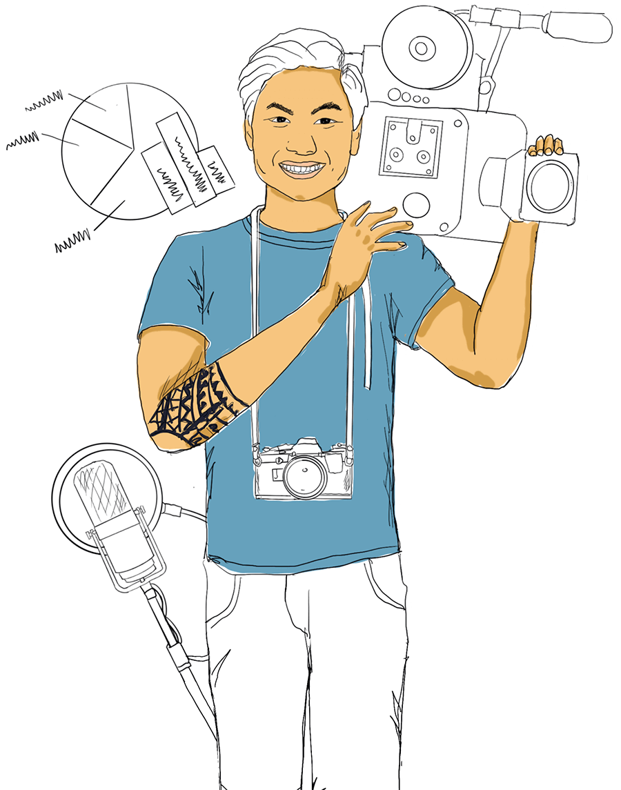 Ein Mann mit Kamera, Mikrofon und einem Tortendiagramm