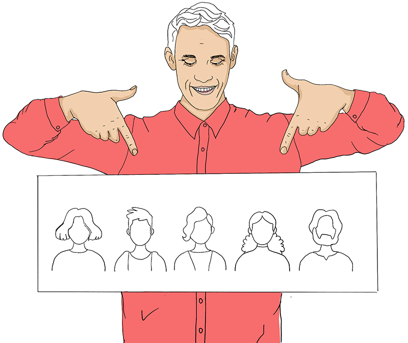 Ein Mann, der auf ein Plakat mit verschiedenen Personen darauf zeigt.