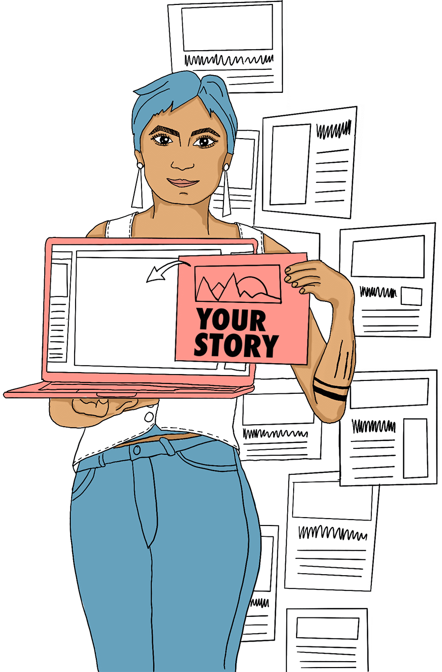 Eine Frau, die einen Laptop und ein Story-Blatt in den Händen hält.