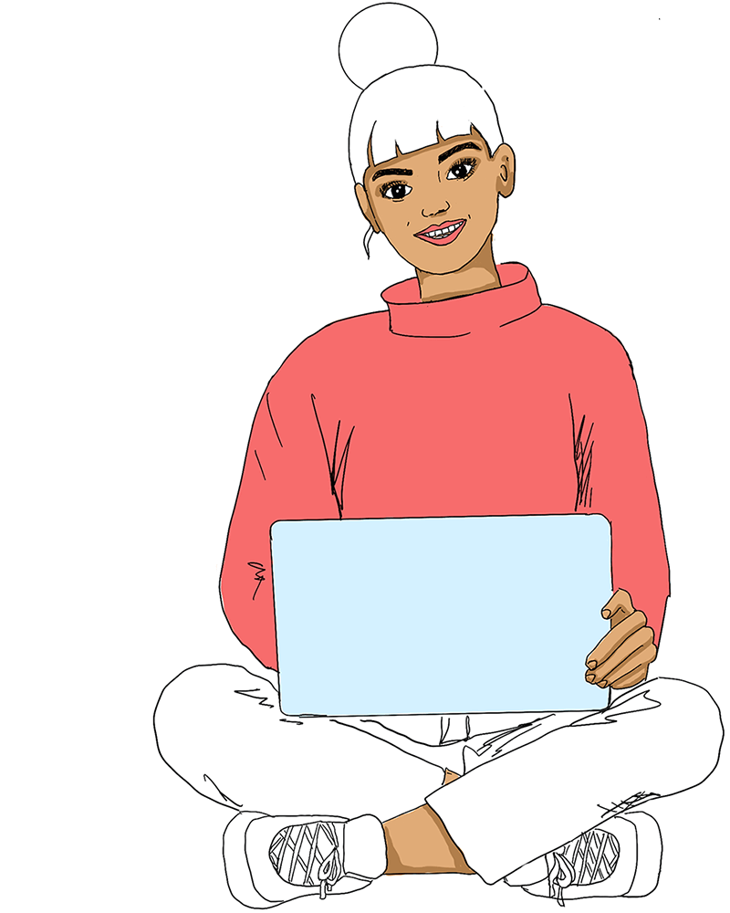 Eine Frau, die im Schneidersitz sitzt und einen Laptop auf dem Schoß hat.