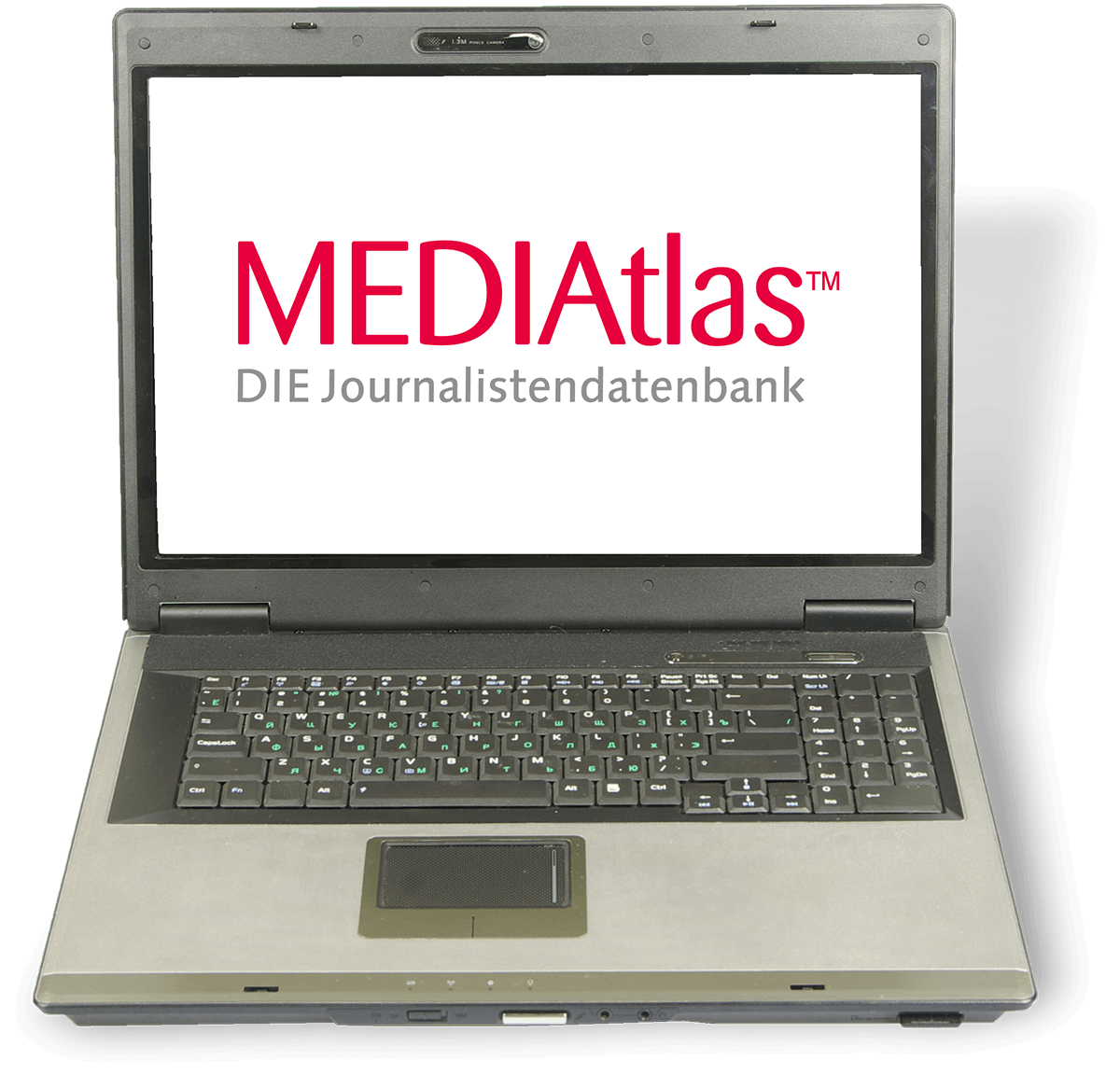 Ein altes Notebook, auf dem der Titel MEDIAtlas - DIE Journalistendatenbank steht.