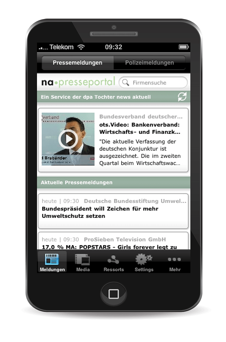 Ein Smartphone, auf dem die Presseportal App im Jahr 2008 zeigt.