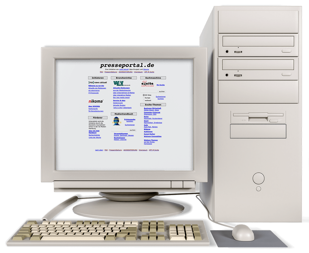 Ein Computer, auf dessen Monitor die Presseportal Website im Jahr 1997 zeigt.