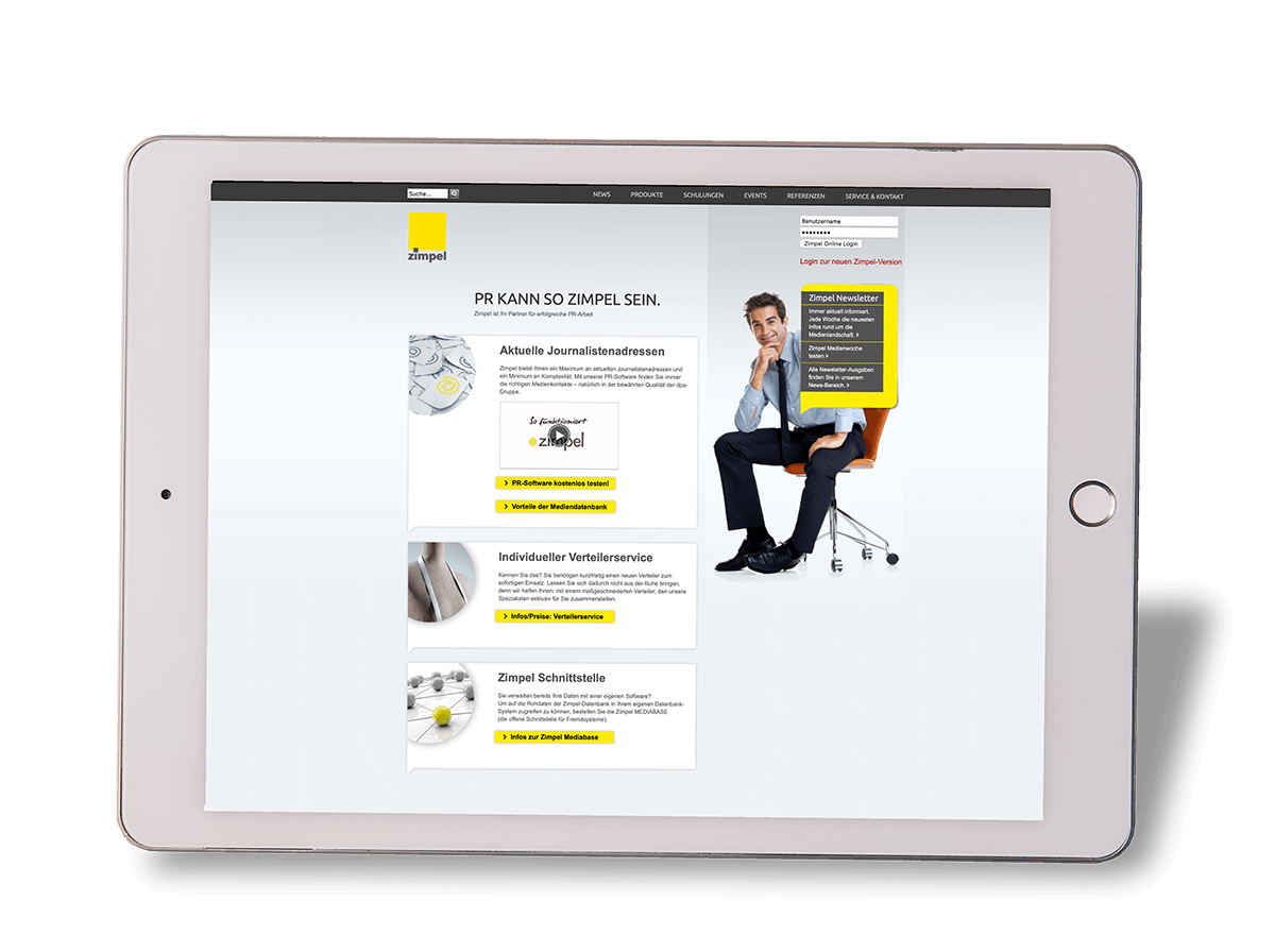 Ein Tablet, das die zimpel Website im Jahr 2013 zeigt.